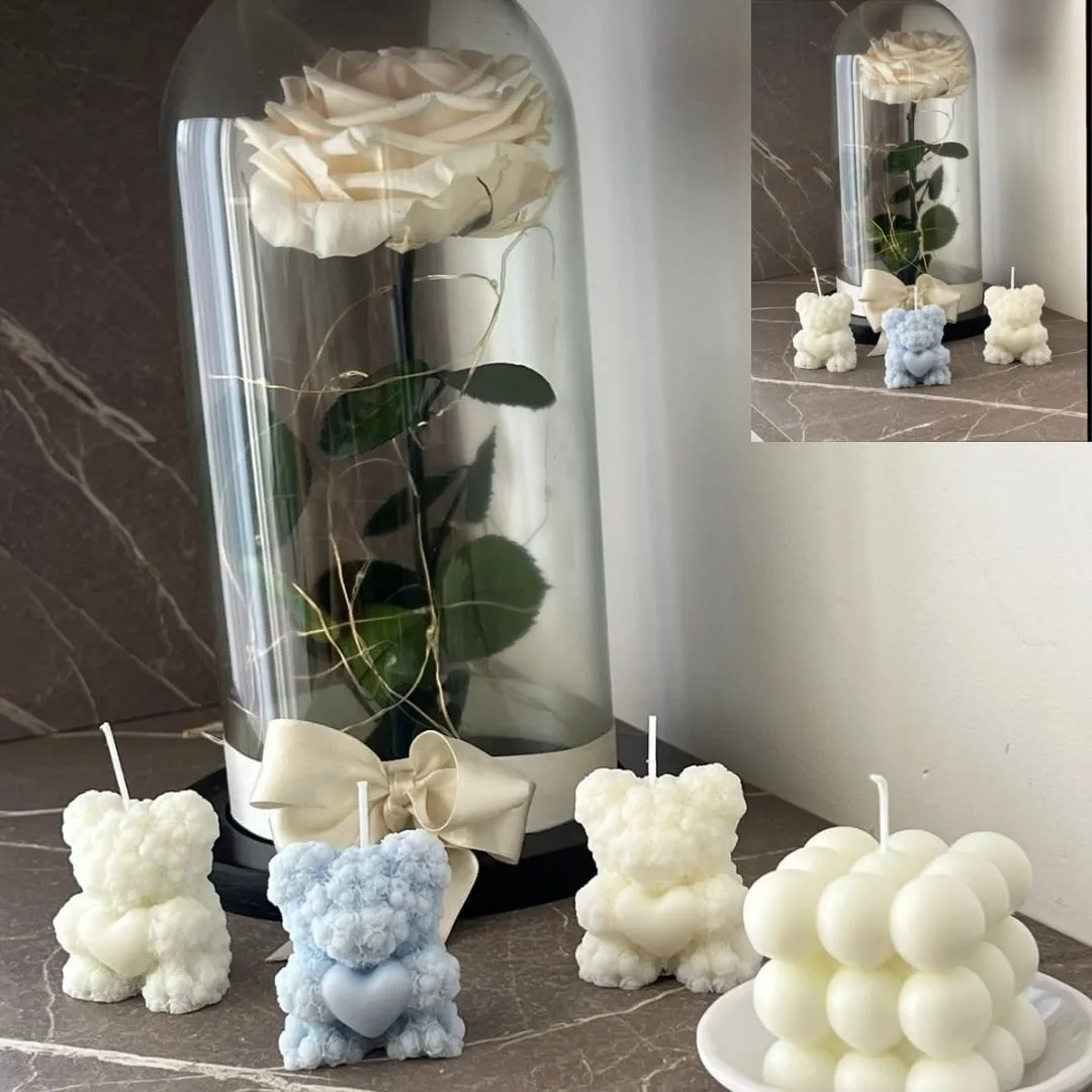 Vitrina con rosa en campana de vidrio y velas escultóricas bubble y ositos